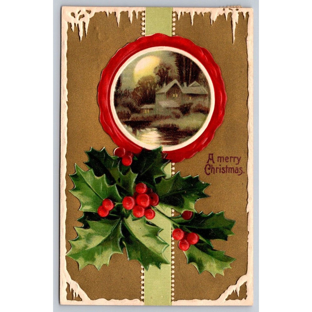 Postcard Merry Christmas Holly Winter Scene Embossed 1910 Posted Rochester IL